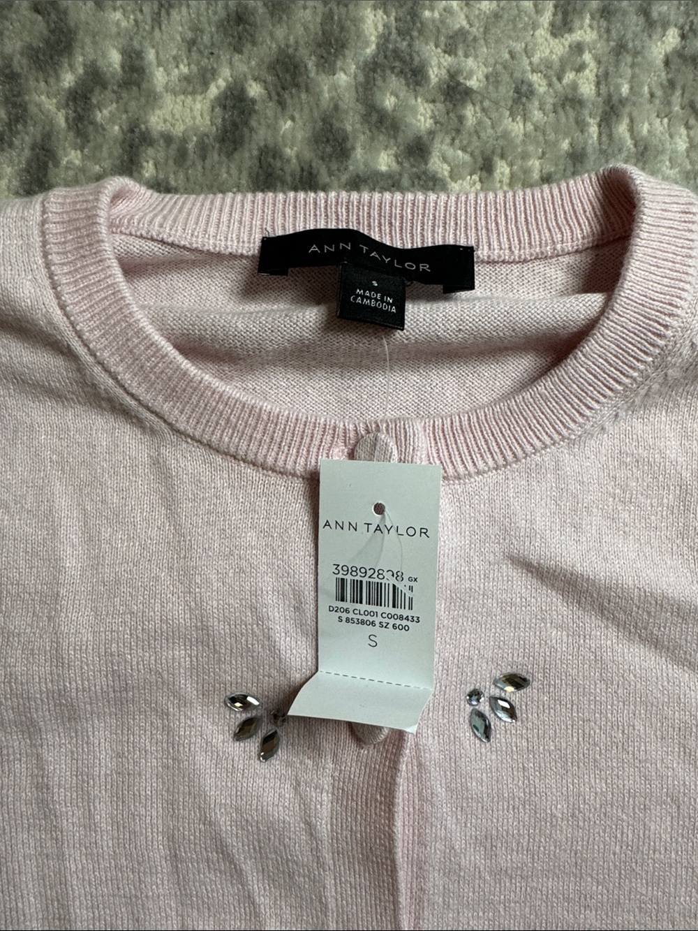 Ann Taylor 100% Cotton Baby Pink Cardigan with Crystal Embellishment - Picture 2 of 4